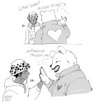 &lt;3 2024 anthro bear bepo_(one_piece) clothing dialogue duo english_text gesture hat headgear headwear hi_res high_five hoodie human humanoid_hands male mammal minkmen_(one_piece) nekokat42 one_piece polar_bear simple_background text topwear trafalgar_law ursine white_background