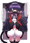  1girl animal_ears arihara_yuuna_(hanauna) black_gloves black_thighhighs blunt_bangs blush cat_ears cat_tail cellphone drill_hair gloves hairband hanauna highres jacket leotard long_hair looking_at_viewer mask mouth_mask nipples original phone purple_eyes purple_hair scarf smartphone solo sweat tail thighhighs translation_request 