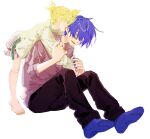  2boys barefoot black_pants blonde_hair blue_hair blue_nails blue_socks blush closed_eyes frilled_shirt frills full_body hair_between_eyes happy hug hug_from_behind kagamine_len kaito_(vocaloid) knees_up long_sleeves male_focus multiple_boys open_mouth pants pink_shirt shirt short_hair shorts sitting smile socks standing t-shirt user_wfyn2747 vocaloid white_background yellow_nails 