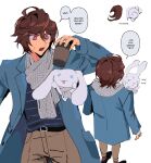  1boy 1other absurdres ahoge arm_up belt blue_jacket bright_pupils brown_hair brown_pants cinnamoroll coffee cup english_text from_behind granblue_fantasy highres holding holding_cup jacket male_focus messy_hair motion_lines multiple_views nodding nodplus50pts open_clothes open_jacket open_mouth pants rabbit red_eyes sandalphon_(granblue_fantasy) sanrio scarf shirt short_hair sketch speech_bubble striped_clothes striped_shirt surprised sweatdrop swirl trait_connection white_background white_pupils white_scarf 