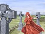  blue_sky capelet celtic_cross cloud day faux_traditional_media frown hand_rest landscape long_sleeves okazaki_yumemi outdoors outstretched_arm p!_(flaschenstrahlinge) red_capelet red_eyes red_hair short_hair sideways_glance skirt skirt_set sky solo touhou touhou_(pc-98) wall 