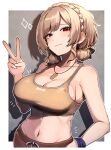  1girl :3 bare_shoulders border bow braid breasts brown_hair brown_shorts brown_sports_bra crown_braid dog_tags double_bun furen_e_lustario furen_e_lustario_(5th_costume) hair_bow hair_bun hand_on_own_hip hatyuuruinohito highres large_breasts looking_at_viewer medium_hair midriff navel nijisanji red_eyes shorts sideboob smile smug solo sparkle sports_bra stomach sweatband v virtual_youtuber white_border 