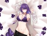  1girl arms_up bare_shoulders bra breasts cleavage commentary_request genshin_impact groin highres jewelry large_breasts long_hair looking_at_viewer navel nitrouzs open_clothes open_shirt pendant purple_bra purple_eyes purple_hair raiden_shogun shirt solo stomach underwear upper_body very_long_hair white_shirt 