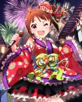  ;d artist_request brown_hair detached_sleeves fireworks hair_ornament idolmaster idolmaster_million_live! japanese_clothes looking_at_viewer microphone official_art one_eye_closed open_mouth purple_eyes side_ponytail smile solo yokoyama_nao 