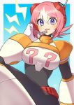  1girl blush breasts highres large_breasts looking_at_viewer mega_man_(series) mega_man_x:_command_mission mega_man_x_(series) multicolored_hair nana_(mega_man_x:_command_mission) open_mouth pink_hair purple_eyes short_hair smile solo tobitori white_hair 