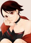  1girl bare_shoulders boruto:_naruto_next_generations choker earrings flat_chest flipped_hair glasses hand_on_own_cheek hand_on_own_face hand_up head_rest highres jacket jewelry knees_up long_sleeves nail_polish naruto_(series) o-ring off_shoulder pout red_eyes red_hair red_nails red_theme rock54t simple_background sitting solo strapless swept_bangs uchiha_sarada uchiha_symbol white-framed_eyewear 
