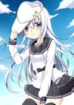  adjusting_clothes adjusting_hat black_legwear blue_eyes blue_hair blue_sky blush cloud day hammer_and_sickle hat hibiki_(kantai_collection) kantai_collection long_hair open_mouth oumi_neneha pleated_skirt silver_hair skirt sky solo star thighhighs verniy_(kantai_collection) 