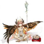  1girl bare_legs black_feathers black_wings blonde_hair bracelet circe_(fate) cooking_pot fate/grand_order fate_(series) feather_hair_ornament feathered_wings feathers flat_chest grey_skirt grin hair_ornament holding holding_staff jewelry looking_at_viewer multicolored_hair navel orange_wings pink_hair platform_footwear pointy_ears sandals shirt sidelocks sitting sketch skirt smile solo staff tomatika two-tone_hair two-tone_wings white_background white_feathers white_shirt wings 