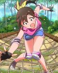  artist_request blue_eyes brown_hair elbow_pads fingerless_gloves gloves hair_ribbon idolmaster idolmaster_million_live! knee_pads knees_together_feet_apart official_art ponytail ribbon satake_minako shorts solo sweat wide-eyed 