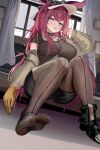  absurdres animal_ears arknights black_pantyhose black_shorts feet gloves highres mikuning pantyhose pantyhose_under_shorts rabbit_ears rabbit_girl ray_(arknights) shorts striped_clothes striped_pantyhose toes_up vertical-striped_clothes vertical-striped_pantyhose yellow_gloves 