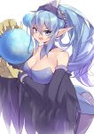  1girl absurdres black_feathers blue_eyes blue_hair breasts cleavage duel_monster feathered_wings feathers harpie_oracle harpy highres holding_orb kanzakietc large_breasts leotard long_hair monster_girl open_mouth pantyhose pointy_ears ponytail solo winged_arms wings yu-gi-oh! 