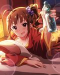  :d artist_request brown_hair detached_sleeves drink hair_ornament idolmaster idolmaster_million_live! japanese_clothes kimono looking_at_viewer official_art open_mouth pillow purple_eyes side_ponytail smile solo yokoyama_nao 