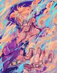  1boy blonde_hair chest_tattoo cowboy_shot english_commentary glasses highres jacket looking_to_the_side male_focus marco_(one_piece) one_piece open_clothes open_jacket purple_background purple_jacket purple_sash sash short_hair smile smoke solo tattoo upper_body wigglesthetuff 
