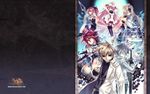  2boys 5girls agarest_senki agarest_senki_(series) arms_up black_legwear blonde_hair brown_eyes brown_hair cape closed_eyes coat company_name copyright_name ellis_(agarest_senki) fyuria_(agarest_senki) headband highres hildegard_(agarest_senki) hirano_katsuyuki jewelry lavinia_(agarest_senki) leonhardt_(agarest_senki) long_hair multiple_boys multiple_girls necklace official_art pink_hair pointy_ears polearm ponytail red_hair rex_(agarest_senki) sandals serious silver_hair skirt spear spiked_hair strapless sword thighhighs tubetop twintails valeria_(agarest_senki) wallpaper weapon wrist_cuffs 