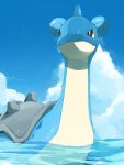  afloat bright_pupils closed_mouth cloud commentary day highres kou11021301 lapras looking_to_the_side no_humans outdoors pokemon pokemon_(creature) sky solo symbol-only_commentary water white_pupils 