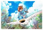  1girl aircraft animal_on_shoulder blue_dress blue_gloves border cloud commission dike_ruan dress earrings english_commentary floating_hair glider gloves grass hair_behind_ear jewelry kaze_no_tani_no_nausicaa nausicaa parted_lips plant short_hair sky smile solo teto_(nausicaa) white_border 