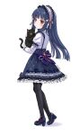  1girl animal black_cat black_pantyhose blue_hair blunt_bangs blush cat eluthel frilled_hairband frilled_skirt frilled_sleeves frills full_body hairband highres hime_cut holding holding_animal holding_cat idolmaster idolmaster_cinderella_girls long_hair long_sleeves looking_at_viewer looking_back pantyhose red_eyes sajo_yukimi shirt sidelocks skirt solo suspender_skirt suspenders twitter_username white_background white_shirt 