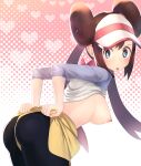  1girl absurdres alternate_breast_size aqua_eyes black_pantyhose blush breasts bright_pupils brown_hair clothes_lift commentary_request double_bun from_side hair_bun heart highres large_breasts leaning_forward lifted_by_self long_hair looking_at_viewer nipples no_bra pantyhose pokemon pokemon_bw2 rosa_(pokemon) shirt shirt_lift shorts shorts_lift solo tongue tongue_out twintails visor_cap white_headwear white_pupils xin_lan_deng yellow_shorts 