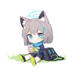  1girl animal_ear_fluff animal_ears bag black_bag black_skirt blue_archive blue_eyes blue_scarf blue_shirt bubble_tea cat_ears cat_girl chibi closed_mouth cross cross_hair_ornament cup expressionless gloves grass green_gloves grey_hair hair_ornament halo holding holding_cup id_card inverted_cross long_sleeves looking_at_viewer medium_hair mimengfeixue plaid plaid_skirt scarf school_bag shiroko_(blue_archive) shirt shoes simple_background single_glove sitting skirt socks solo white_background white_socks 