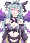  1girl bad_id bad_twitter_id bare_shoulders blue_hair breasts carbon_pad chaos_aurora_(grimms_notes) collarbone detached_sleeves gem grimms_notes hair_ribbon highres long_hair messy_hair midriff navel open_mouth purple_gemstone red_eyes ribbon simple_background smile solo teeth thorns upper_body upper_teeth_only white_background 