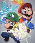  2boys blue_eyes blue_overalls blue_pants brothers brown_footwear brown_hair clenched_hand commentary_request electricity facial_hair fire gloves green_headwear green_shirt grey_background hat highres hiyashimeso incoming_attack long_sleeves looking_at_viewer luigi male_focus mario mario_&amp;_luigi:_superstar_saga mario_&amp;_luigi_rpg mario_(series) multiple_boys mustache open_mouth outstretched_arm overalls pants raised_fist red_headwear red_shirt shirt shoes short_hair siblings simple_background teeth tongue v-shaped_eyebrows white_gloves 