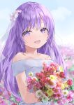 1girl :d angel_beats! bare_shoulders bouquet bride commentary_request cosmos_(flower) dress field flower flower_field hair_flower hair_ornament heaven_burns_red highres holding holding_bouquet irie_miyuki long_hair looking_at_viewer outdoors purple_eyes purple_hair sky smile solo tsumugi-t upper_body wedding_dress white_dress 