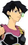  1girl bare_shoulders black_eyes black_hair breasts chest_armor dangle_earrings dragon_ball dragon_ball_z earrings from_side hair_between_eyes isaacchief300 jewelry looking_to_the_side pink_tank_top saiyan_armor scouter seripa short_hair simple_background small_breasts solo tank_top unmoving_pattern upper_body white_background 
