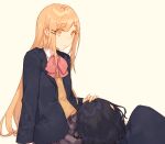  2girls adachi_sakura adachi_to_shimamura ascot black_hair black_jacket blonde_hair closed_mouth collared_shirt facing_away fifuth hair_ornament hairclip hand_on_another&#039;s_head jacket lap_pillow long_hair multiple_girls pink_ascot shimamura_hougetsu shirt short_hair sidelocks simple_background sitting skirt striped_clothes striped_skirt yellow_background yellow_shirt yuri 