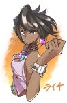  1girl aqua_gemstone bangle bare_arms bare_shoulders beads black_hair bracelet character_name crop_top dark-skinned_female dark_skin diamond_(gemstone) diamond_(shape) diamond_earrings earrings etyaduke grey_eyes highres jewelry midriff neck_ring olivia_(pokemon) pink_gemstone pink_lips pink_shirt pokemon pokemon_sm shirt short_hair sleeveless sleeveless_shirt solo translation_request z-ring 