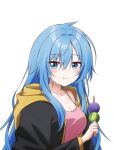  1girl absurdres blue_eyes blue_hair blush breasts cleavage closed_mouth dango elie_wayne food highres jan_azure large_breasts long_hair looking_at_viewer original pink_tank_top simple_background solo tank_top upper_body wagashi white_background 