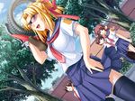  2girls bicycle black_legwear blonde_hair blue_eyes breasts brown_hair game_cg highres kiriya_erika legs long_hair medium_breasts multiple_girls open_mouth school_uniform shironeko_sanbou short_hair skirt smile standing sunglasses thighs tree trees tsuyokiss wheel 