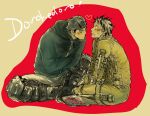  2boys aikawa_(dorohedoro) artist_request black_hair blonde_hair blush colored_tips couple dorohedoro face-to-face facial_mark from_side full_body heart knees_together_feet_apart leaning_forward male_focus medium_sideburns multicolored_hair multiple_boys no_eyebrows risu_(dorohedoro) sitting sweatdrop thick_eyebrows unfinished yaoi 