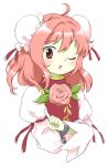  1girl ;o ahoge bun_cover chain cuffs double_bun flat_chest flower hair_bun ibaraki_kasen juliet_sleeves leaf long_sleeves medium_hair nonamejd official_style one_eye_closed open_mouth pink_eyes pink_flower pink_hair puffy_sleeves red_tabard shackles simple_background solo tabard touhou upper_body white_background zun_(style) 