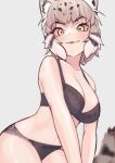  1girl a888_n22 animal_ears bare_shoulders bra breasts cat_ears cat_girl cat_tail extra_ears grey_background grey_hair highres kemono_friends large_breasts looking_at_viewer navel pallas&#039;s_cat_(kemono_friends) panties short_hair simple_background solo tail underwear yellow_eyes 