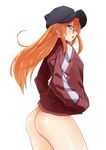  animal_hat ass bad_id bad_pixiv_id bottomless evangelion:_3.0_you_can_(not)_redo hands_in_pockets hat highres jacket long_hair looking_back neon_genesis_evangelion orange_hair rebuild_of_evangelion shikinami_asuka_langley shuuhei_(shoohey) solo souryuu_asuka_langley track_jacket 