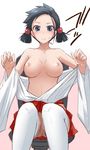  bad_id bad_pixiv_id black_hair blue_eyes breasts cnt_ryu frown hair_bobbles hair_ornament japanese_clothes large_breasts nipples saki solo sweatdrop thighhighs topless twintails ueshige_suzu wide_sleeves 