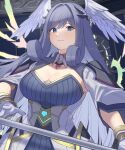  1girl alternate_breast_size blue_eyes breasts cleavage detached_sleeves detached_wings dress expressionless feathered_wings gloves grey_hair head_wings highres kinagi_(3307377) large_breasts long_hair melia_antiqua ribbed_dress sidelocks solo star_(sky) two-tone_dress upper_body white_dress wings xenoblade_chronicles_(series) xenoblade_chronicles_3 