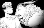  1boy demon demon_horns dgae_715 dungeon_meshi eye_contact furrowed_brow greyscale highres horns korean_commentary laios_thorden lion long_sleeves looking_at_another male_focus monochrome open_mouth shirt short_hair simple_background spoilers sweat tongue tongue_out undercut upper_body winged_lion_(dungeon_meshi) 