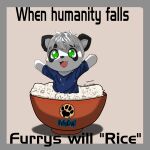anthro bear blue_clothing blue_shirt blue_topwear bowl chibi circle_eyebrows clothing container eyebrows featureless_hands food footprint giant_panda green_eyes hi_res humanityisdoomed looking_at_viewer male mammal meme netiscraft partially_submerged pawprint pawprint_marking rice shirt solo surprise topwear ych_(character)