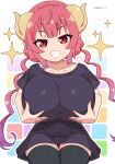  1girl black_dress black_thighhighs blush breast_hold breasts brown_eyes cowboy_shot dragon_horns dress grin horns huge_breasts ilulu_(maidragon) kobayashi-san_chi_no_maidragon long_hair looking_at_viewer open_mouth oppai_loli pink_hair pointy_ears short_dress slit_pupils smile solo sparkle thighhighs twintails virus-g 