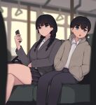  1boy 1girl age_difference blue_eyes braid brother_and_sister bus_interior cellphone hands_in_pockets highres holding holding_phone open_mouth original pepper0 phone shirt siblings sister_(pepper0) sitting skirt twin_braids white_shirt 