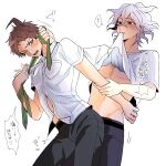  2boys ahoge baba_(papagg88) black_pants blush breast_pocket clothes_in_mouth clothes_lift collared_shirt danganronpa_(series) danganronpa_2:_goodbye_despair green_necktie grey_hair highres hinata_hajime holding_another&#039;s_wrist komaeda_nagito male_focus messy_hair mouth_hold multiple_boys necktie pants pocket shirt shirt_in_mouth shirt_lift short_hair speech_bubble translation_request white_shirt yaoi 