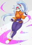  1girl ashe_(mega_man) blush bodysuit closed_mouth covered_navel cropped_jacket full_body green_eyes grey_hair highres jacket long_hair long_sleeves mega_man_(series) mega_man_zx mega_man_zx_advent orange_footwear orange_jacket ponytail smile solo tobitori 