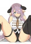  1girl black_horns black_panties blue_eyes breasts cameltoe cleavage draph granblue_fantasy groin hair_over_one_eye horns ishinoyari large_breasts long_hair looking_at_viewer narmaya_(granblue_fantasy) panties pointy_ears purple_hair single_thighhigh sleeveless solo spread_legs thigh_strap thighhighs thighs underwear 