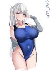  1girl blue_one-piece_swimsuit blush breasts collarbone competition_swimsuit covered_navel cowboy_shot fuyutsuki_(kancolle) grey_eyes grey_hair highres jacket kantai_collection large_breasts long_hair looking_at_viewer one-piece_swimsuit one_side_up simple_background smile solo swimsuit tf_cafe twitter_username 