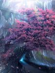  absurdres bridge building cherry_blossoms day falling_petals highres moss original outdoors petals revision smile_(qd4nsvik) sunlight tree water waterfall 