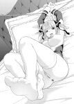  1girl absurdres anus blush breasts butterfly_hair_ornament censored commentary_request cuffs detached_sleeves go-toubun_no_hanayome greyscale hair_ornament head_on_pillow highres indoors knees_up kosmos_beta large_breasts looking_at_viewer lying monochrome mosaic_censoring nakano_nino nipples on_back on_bed open_mouth paid_reward_available pussy restrained short_hair solo thighhighs toe_scrunch toes two_side_up 