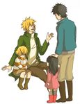  1girl 3boys black_hair blonde_hair boots character_request eyes_closed father father_and_daughter father_and_son happy hikari_(pokemon) jacket jun_(pokemon) kurotsugu_(pokemon) multiple_boys nintendo pokemon simple_background sitting standing striped_clothes white_background younger 