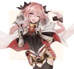  1boy astolfo_(fate) black_bow black_thighhighs bow braid cape conohi_(snvcenni) fang fate/apocrypha fate/grand_order fate_(series) fur-trimmed_cape fur_trim garter_straps gauntlets hair_bow hair_intakes horn_(instrument) index_fingers_raised long_braid long_hair looking_at_viewer male_focus multicolored_hair one_eye_closed open_mouth otoko_no_ko pink_hair purple_eyes signature simple_background single_braid skin_fang skirt smile solo sparkle sparkling_eyes streaked_hair thighhighs white_cape white_hair 