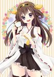  :d bare_shoulders black_skirt brown_hair contrapposto cup detached_sleeves double_bun eyelashes frilled_skirt frills hakama_skirt happy headgear high-waist_skirt japanese_clothes kantai_collection kimono kongou_(kantai_collection) kuune_rin long_hair looking_at_viewer open_mouth purple_eyes ribbon-trimmed_sleeves ribbon_trim round_teeth sidelocks skirt smile solo standing tassel teacup teeth thighhighs thighs v-shaped_eyebrows zettai_ryouiki 